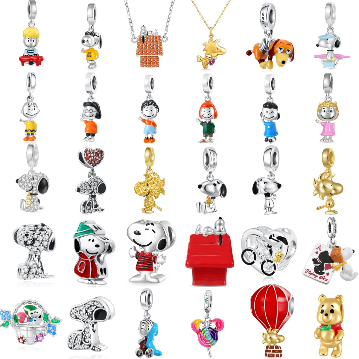 

MINISO Snoopy 925 Silver Charlie House Winnie the Pooh Rainbow Lollipop Charm Pendant for Bracelet Necklace DIY Girls Jewelry