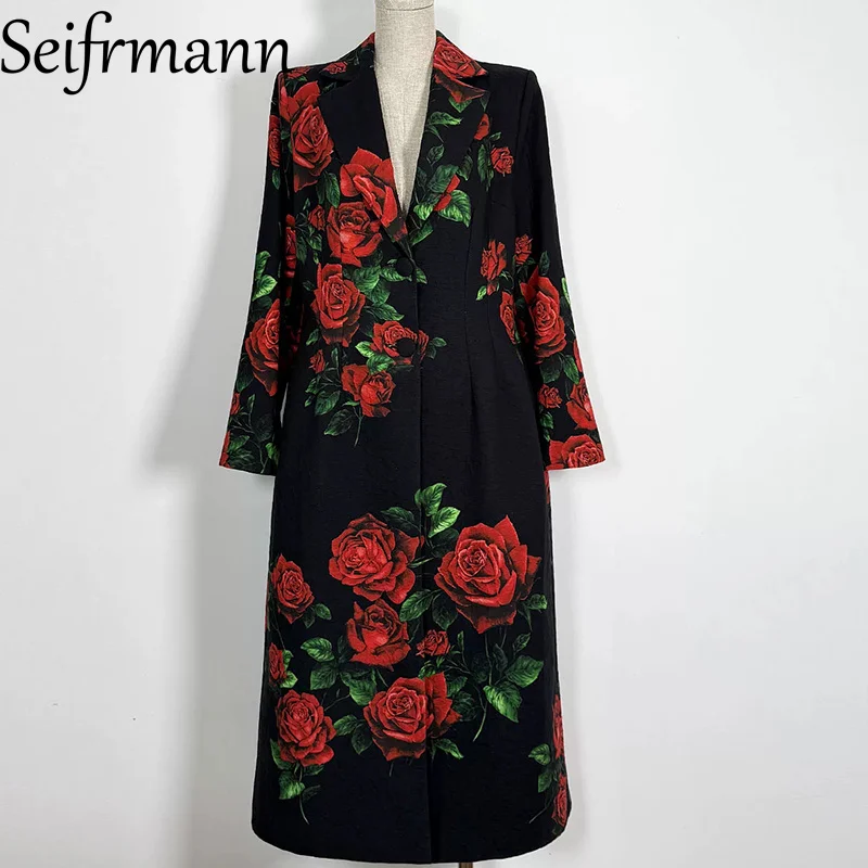 Seifrmann Casual printed cotton coat lapel long sleeve waist mid-length coat 2026 autumn women's new style