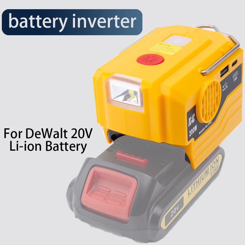 200W Tool Battery Inverter For DeWalt 20V Li-ion Battery Inverter with 280LM LED Light USB and Type-C Interface(Without Battrey)