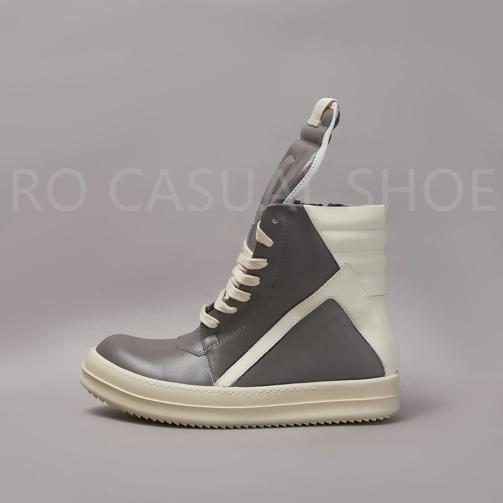 

Ricks Genious Grey Leather High Top Geobasket Owens Quality Men Shoe Zipper Women Sneaker Casual Owens Design boots & Shoes