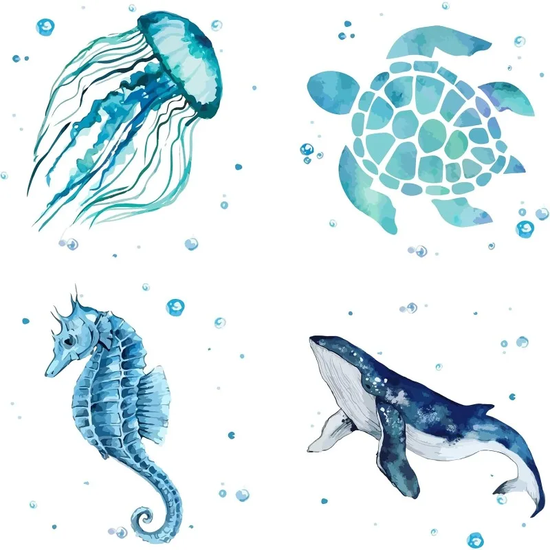 1Set 4 Styles Sea Animals Window Decals Static Glass Sticker Turtles Seahorses Whales Jellyfish Pattern Window Clings Film