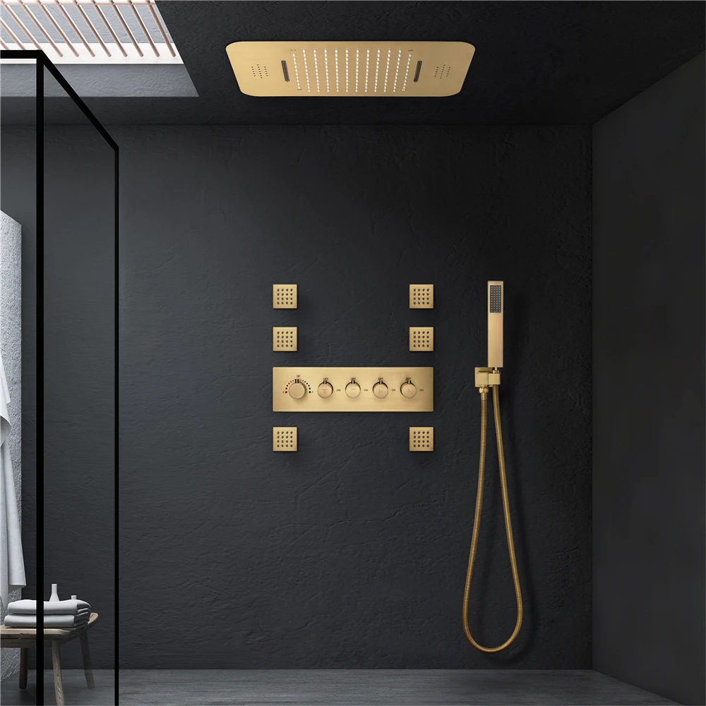Thermostatic LED Rainfall Shower System with Modern Design Polished Stainless Finish Metered Faucets for Bathroom Use