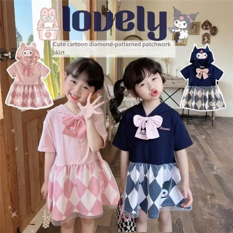 

Anime Kuromi Summer Girls Hooded Dress My Melody Children's Short Sleeve Mesh Princess Dress Cartoon Bow Decoration Cotton Gift
