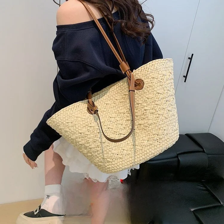 

Модная плетеная сумка-тоут большой вместимости для пляжа и отпуска, однотонная женская сумка через плечо, лето 2025