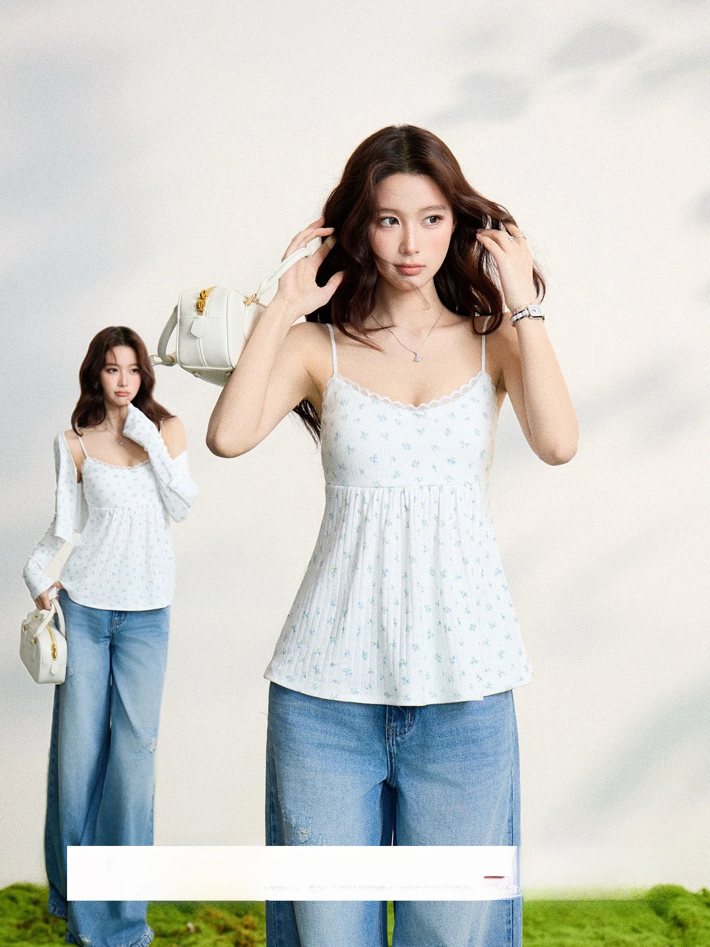 

Комплект: вязаный кардиган Xiebu с цветочным принтом из хлопка и регулируемый топ на бретельках для женщин, весенний, для ношения под одеждой