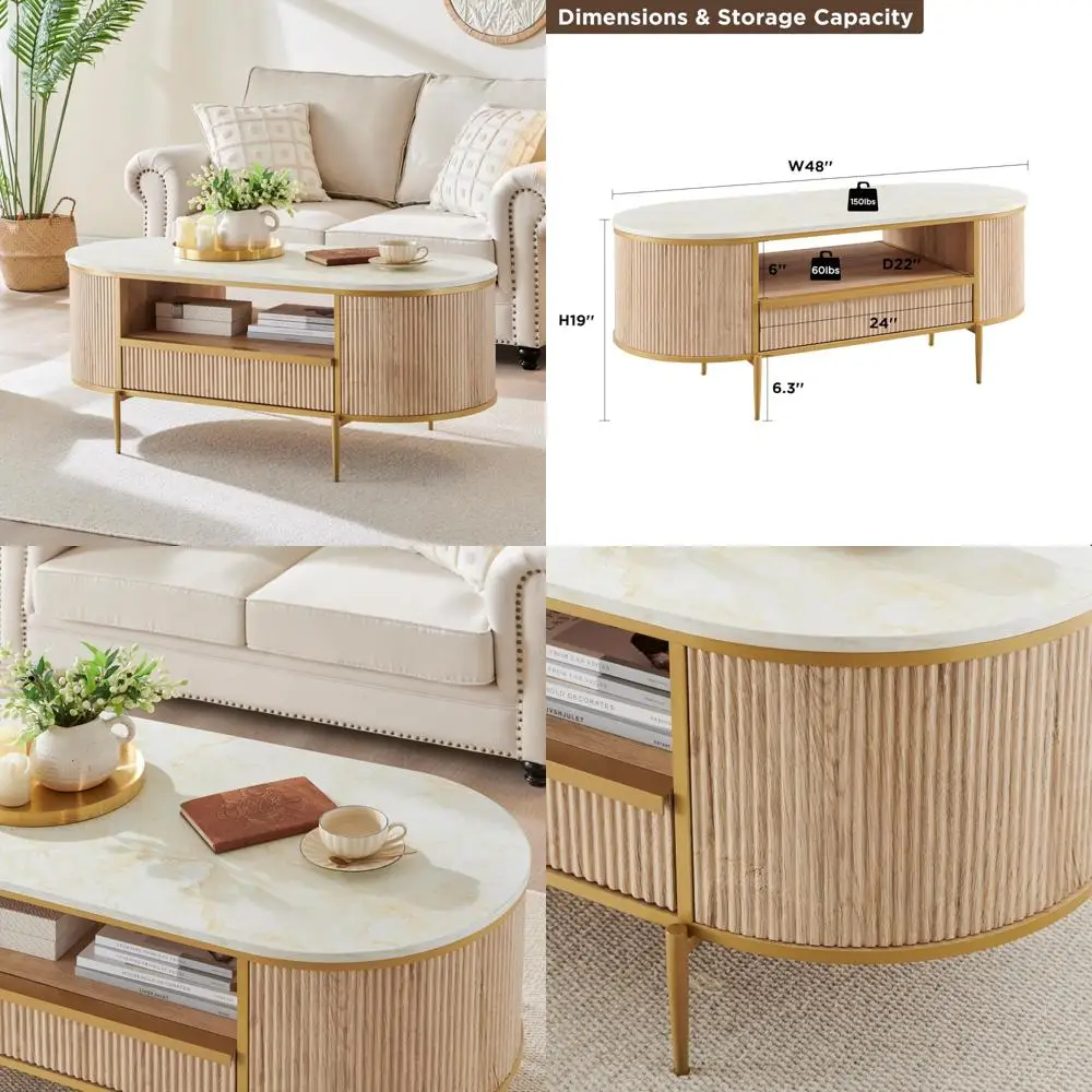 

Современный роскошный рифленый журнальный столик, овальный журнальный столик 48 дюймов с выдвижным ящиком, столешница из искусственного мрамора, дизайн изогнутого профиля, золотой металлический декор,