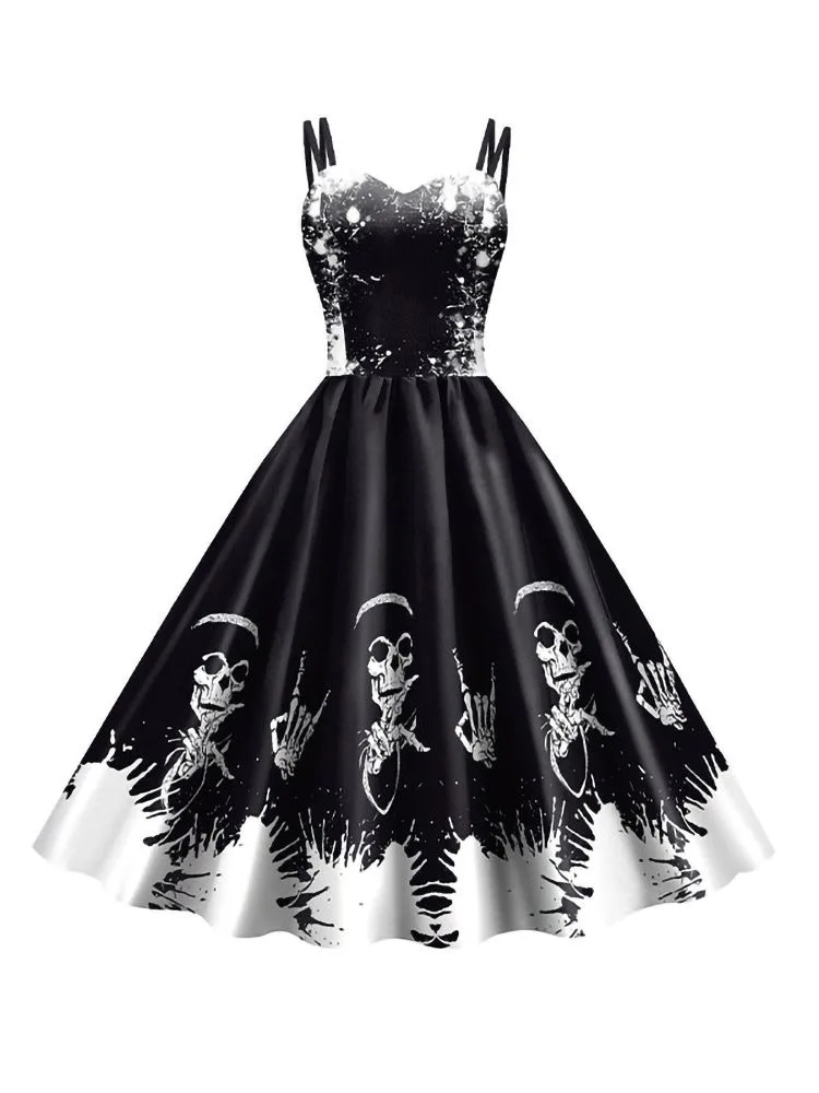Vintage Gothic Doppelriemen-Swingkleid mit Skelett-Brustmuster, mehrfarbigem Blumen- und Totenkopf-Aufdruck, Damen-Halloween-Cosplay-Kostüm – Detail 11