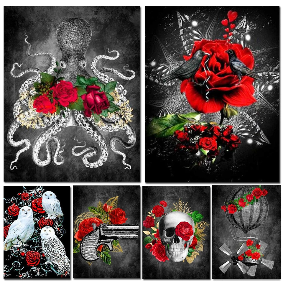 

5D Full Square Round Diamond Painting Skull Rose Flower Diy Diamond Embroidery Owl Home Decoration Mosaic