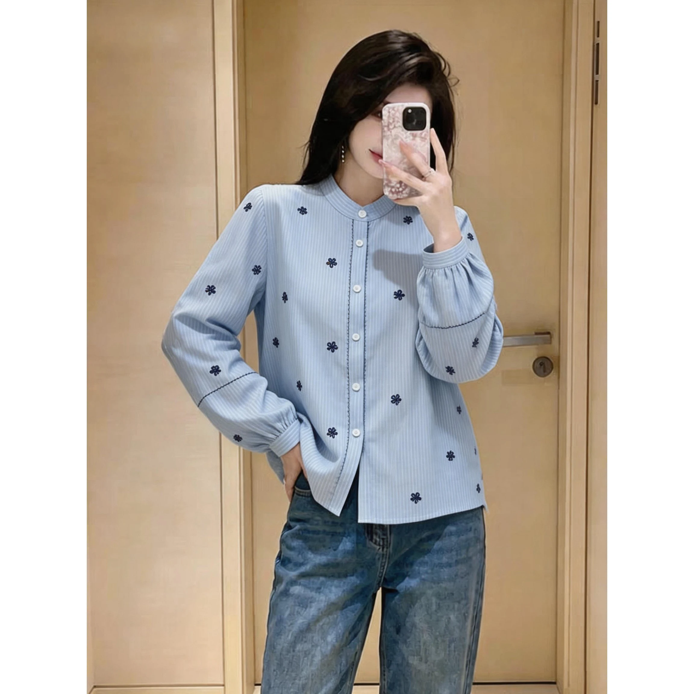 Korean Style Long Sleeve Blue Floral Embroidery Shirt Women's Fashionable Autumn New Arrival Age-Defying Top Quality Material