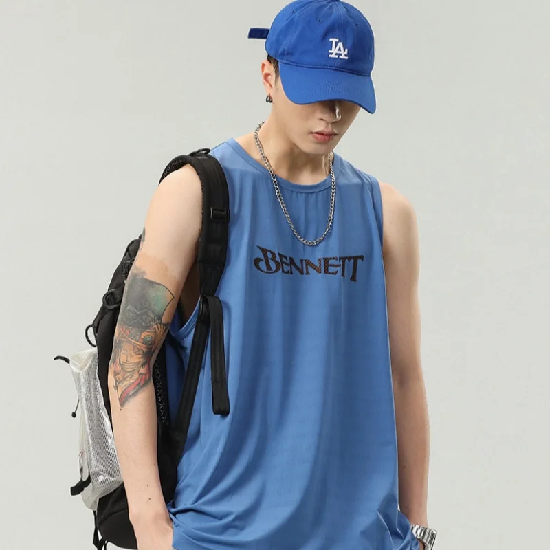 Summer Thin Quick Dry Ice Silk Sleeveless t-shirt Men's Loose Large Size Outdoor Fitness Sports Vest Letter Basketball Gym