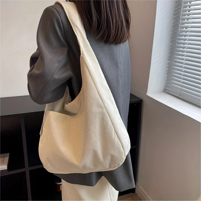 Women Stylish Simple Corduroy Bag Female Large Capacity Shoulder Bag Lady Tote Bag for School & Work