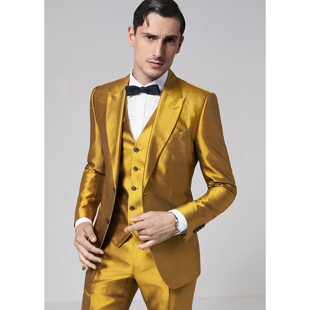 

Men Suits High Quality Gold 3 Piece Jacket Pants Vest Elegant Blazer Luxury Outfits Set Wedding Party Wear Stage Costume Homme