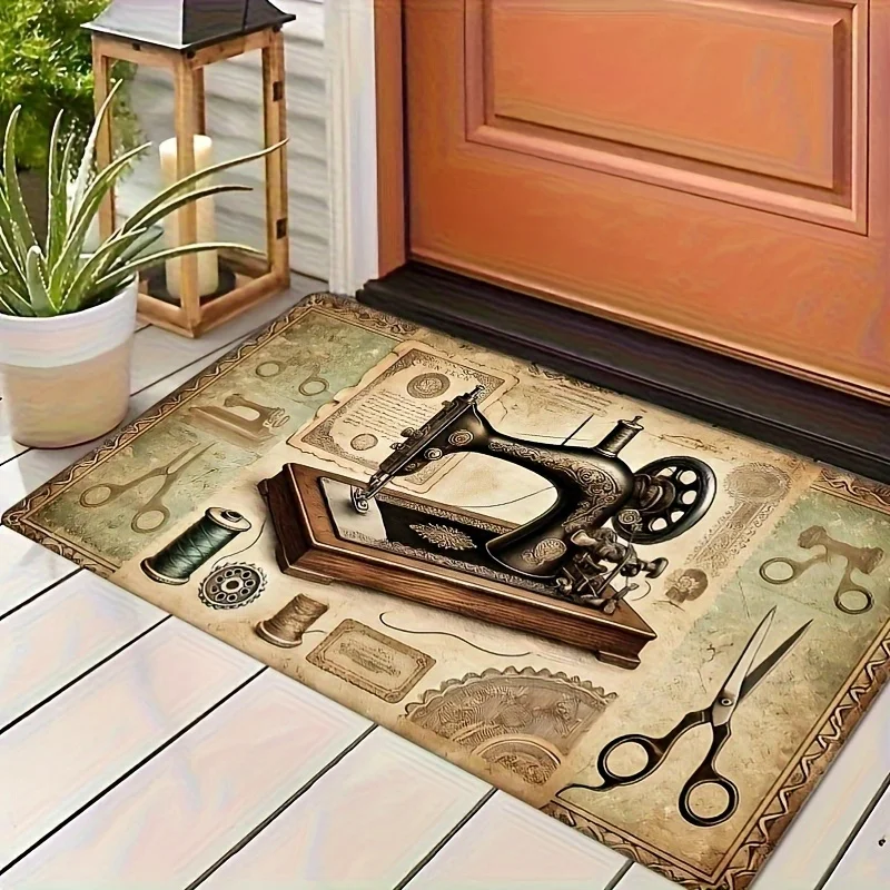 Retro Door Mat Sewing Machine and Scissor Design Anti Slip Polyester Rug Suitable for Living Room and Bedroom Decoration Carpet