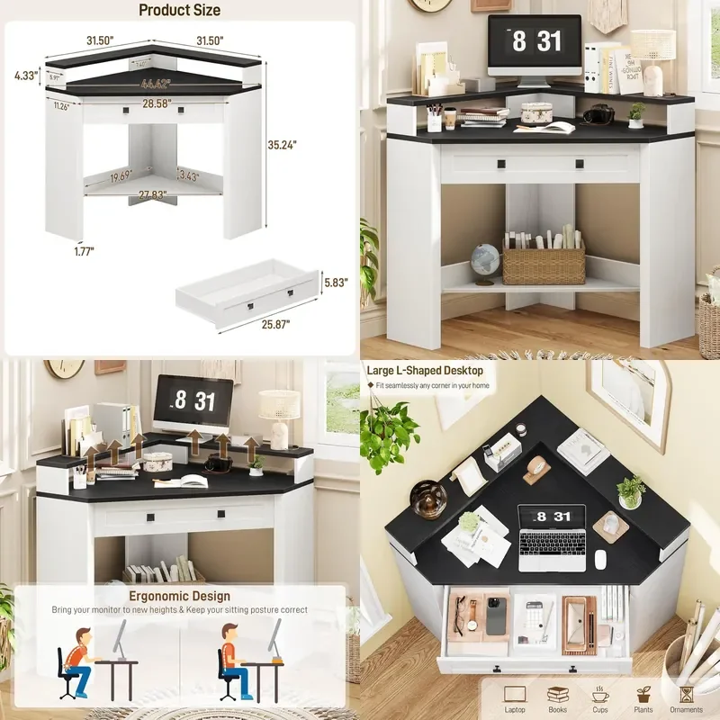 Triangle Corner Computer Desk with Drawers Monitor Shelf Compact Home Office Workstation for Small Spaces