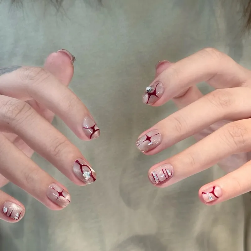 

10Pcs Handmade with Crimson Pink Press-On Nail Pink Crystal Accents Unique Red Vein Design with Nails Perfect Gift for Women