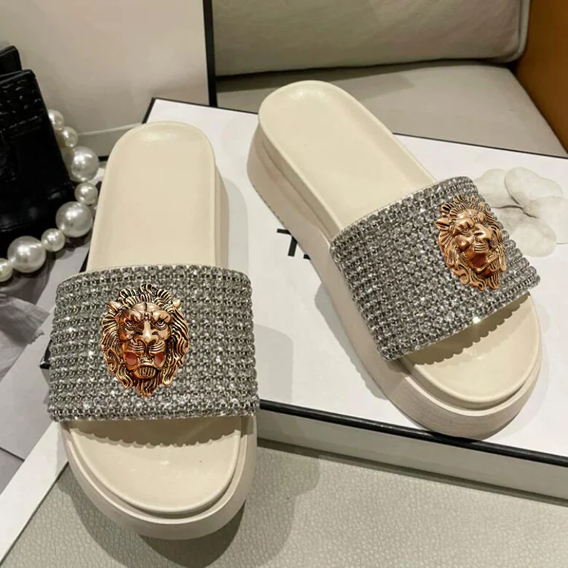 Net red slippers female summer wear non-slip muffin thick sole flip-flops 100 wedge heel rhinestone beach shoes 35 - Image 3