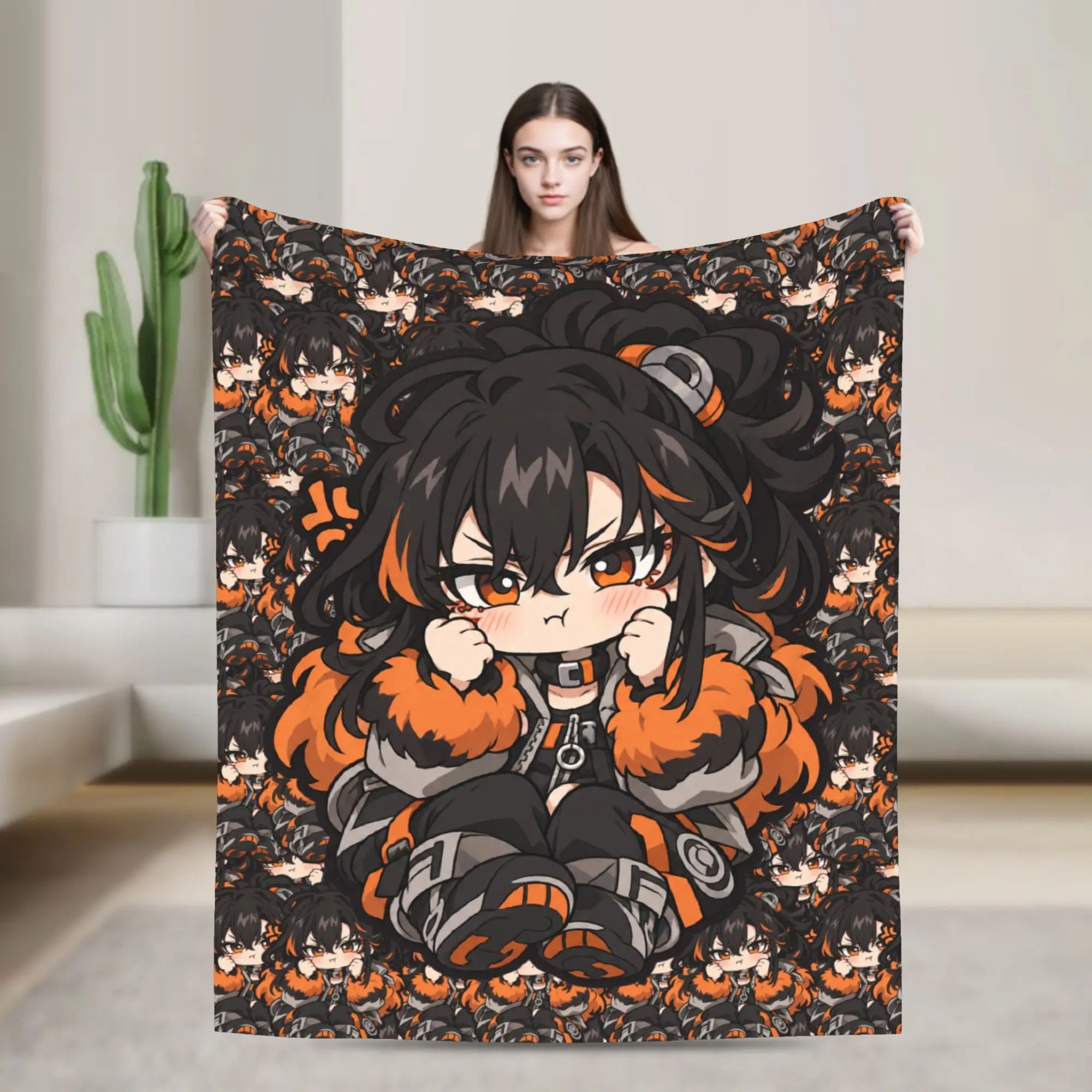 GACHIAKUTA Black Haired Girl Orange Outfit Chibi Blankets Warm  Bedding Throws Autumn Children Living Room Fluffy Bedspread