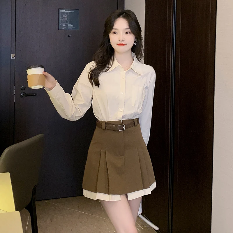 

Fake Two-piece Dress Women's Spring Slim-fit Turn-down Collar A-line Short Dress with Belt Fashion Female Clothes