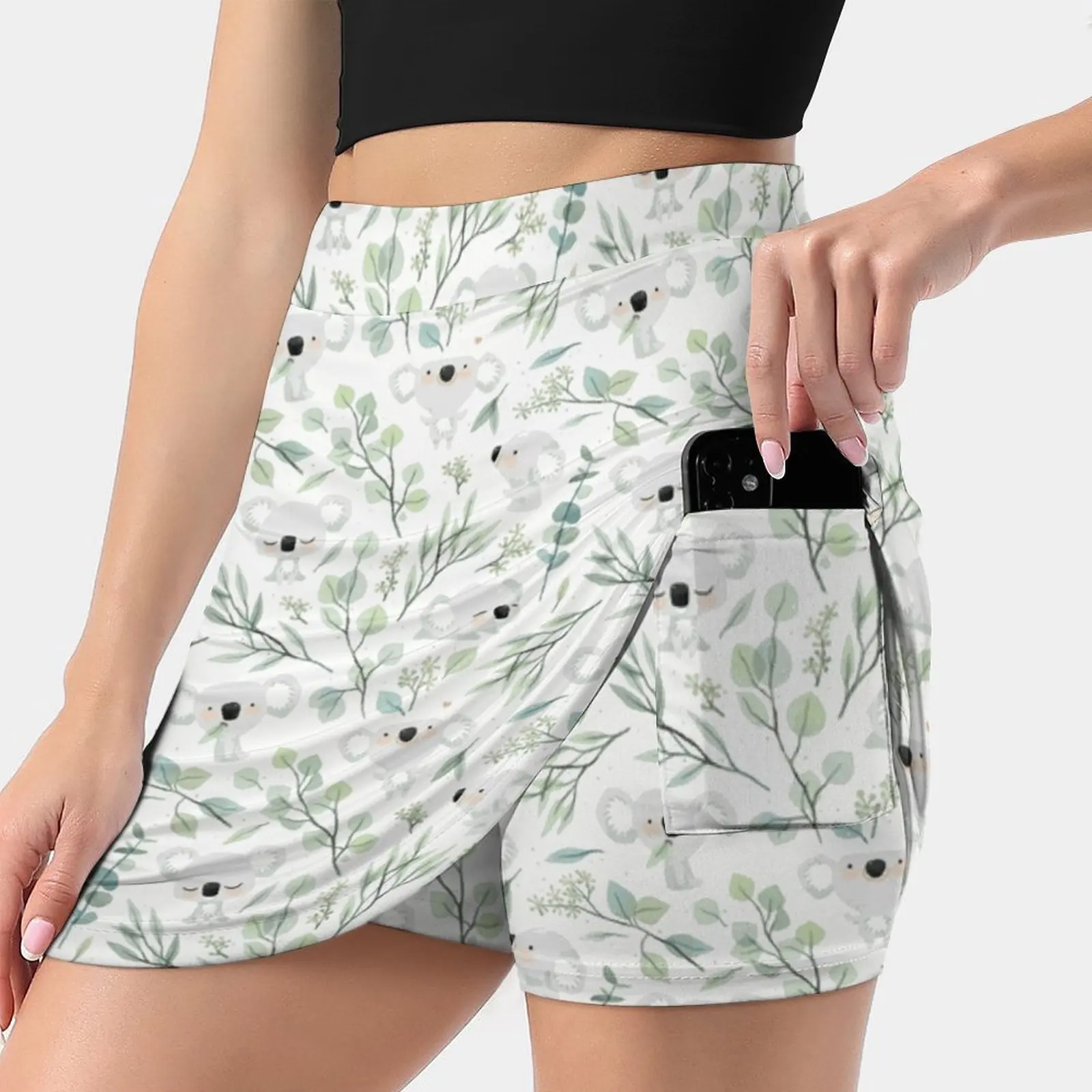 Koala And Eucalyptus Pattern Trending Fashion Skirt Summer Printed Women Sport Skirts Double-Layer Athletic Koala Animal