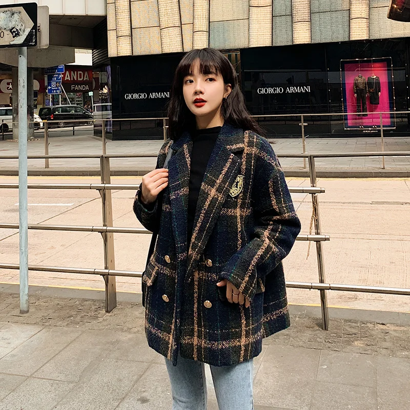 Plaid suit collar woolen coat for 2020 winter new all-match temperament short woolen coat women