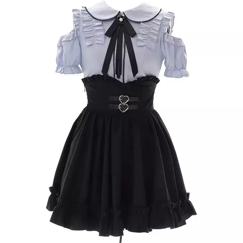 Gothic Blue Off Shoulder Long Sleeved Short Sleeved Top Black Ruffle Mini Skirt Female Y2k Kawaii Jk Suit Lolita Dress Uniform