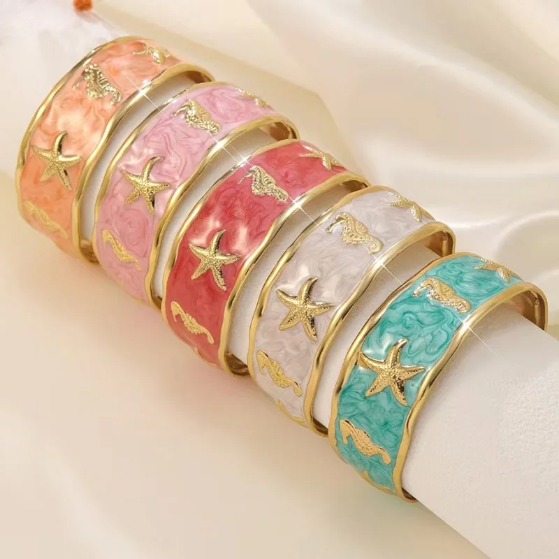

Fashion Wide Starfish Sea Horse Drop Oil Open Metal Bracelet Elegant Ladies Daily Party Accessory Unique Jewelry