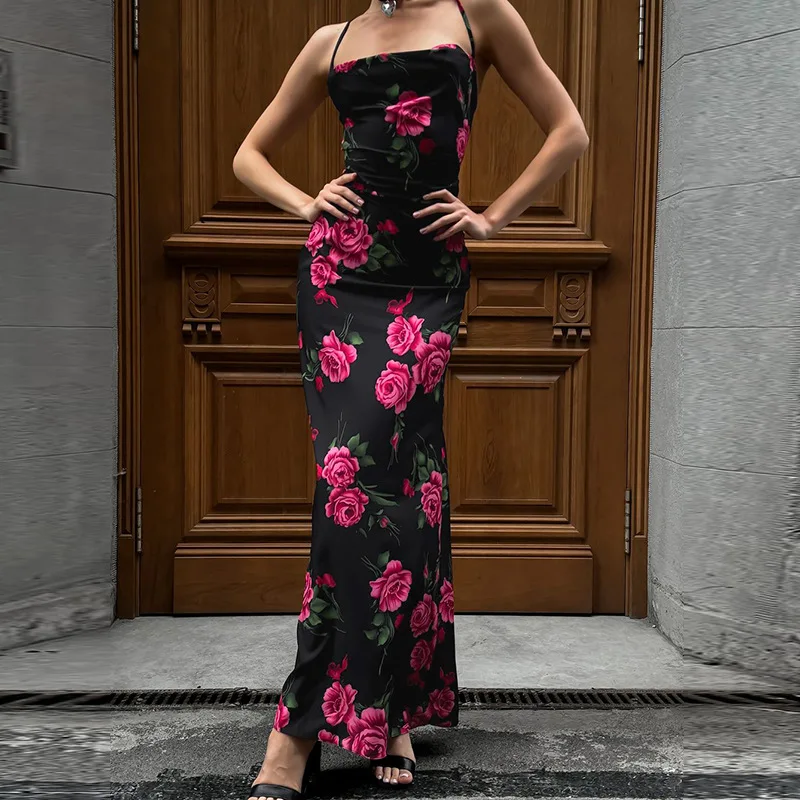 

DSMTRC Fashionable Spaghetti Strap Floral Print Maxi Dress for Women Summer Bandage Backless Bodycon Holiday Sleeveless Vestidos