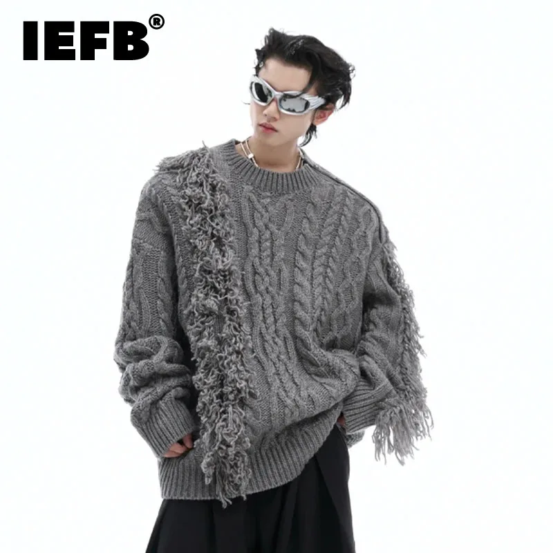 

IEFB Korean Style Men's Sweaters Irregular Raw Edge Metal Button Pleated Solid Color Loose Male Clothing Casual Autumn 24E2352