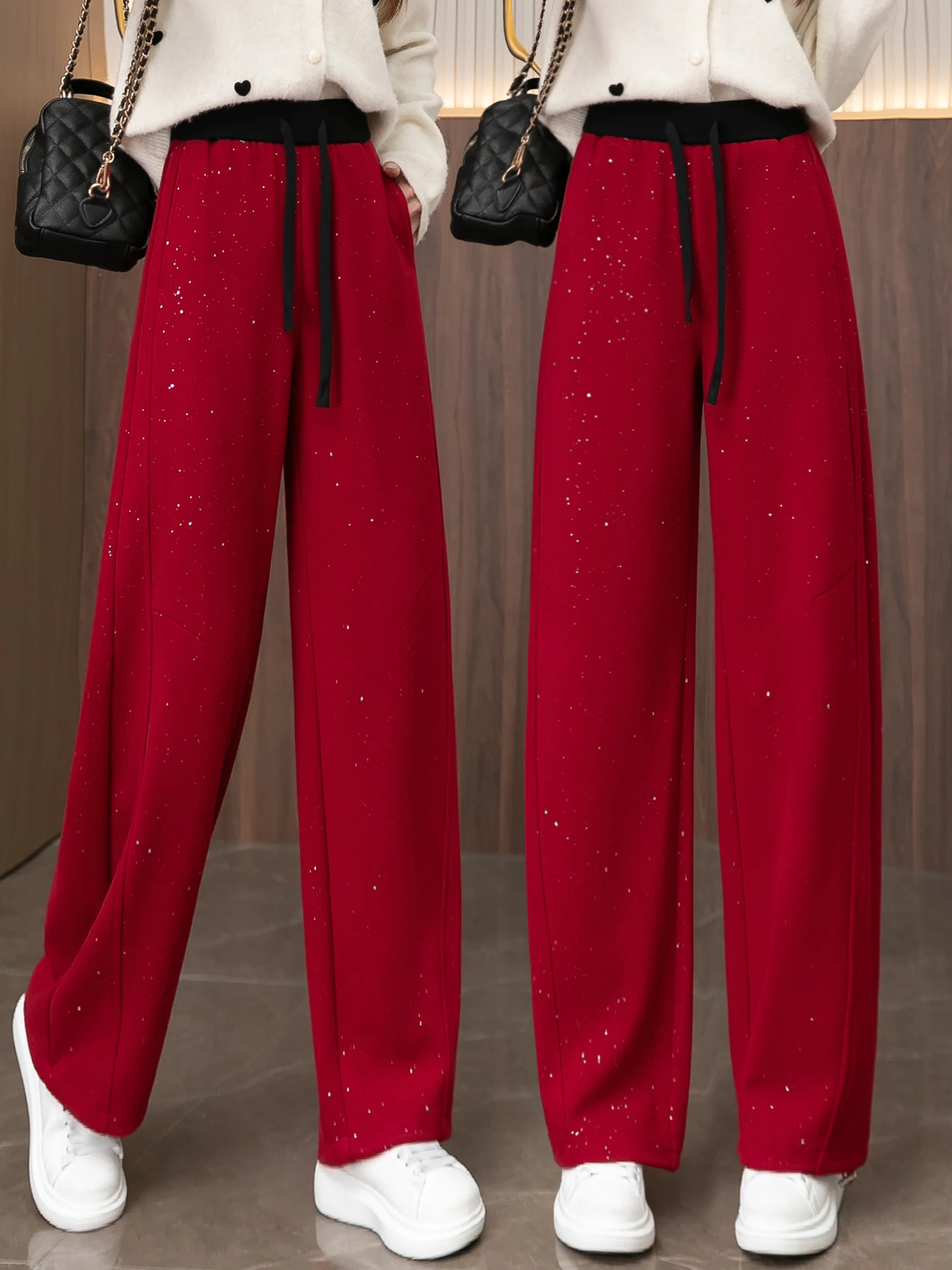 

High Waist Fleece Lined Elastic Banana Pants Women's Autumn Winter New Loose Casual Sports Sweatpants Diamond Studded Knife E...