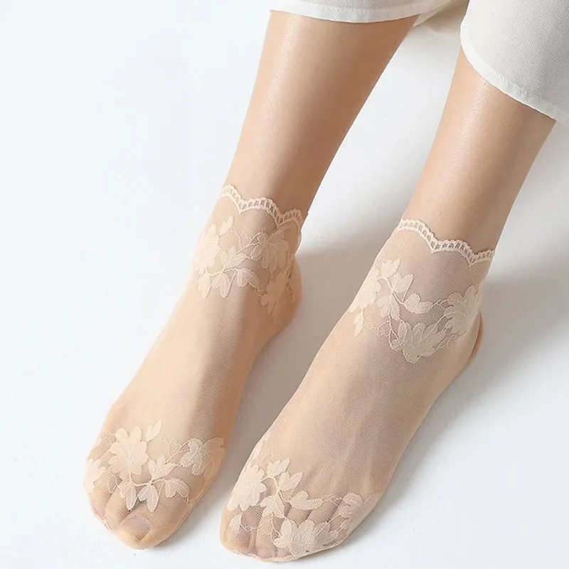 5 ペアの女性の花レースの靴下透明ロリータ目に見えない夏通気性目に見えないクルーソックス夏ロリータ薄いアンクルソックス