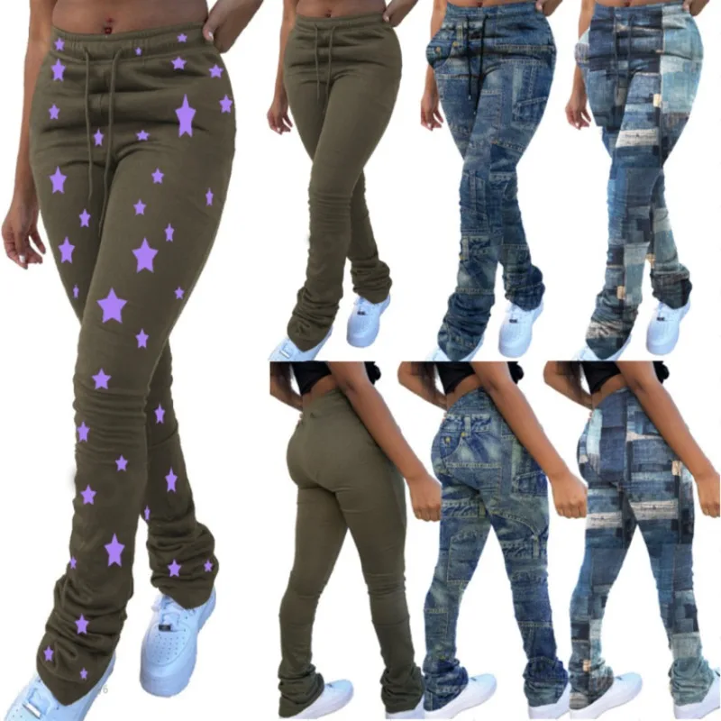 Autumn and winter European and American women\'s clothing leggings plus size imitation denim printed drawstring stacking pants
