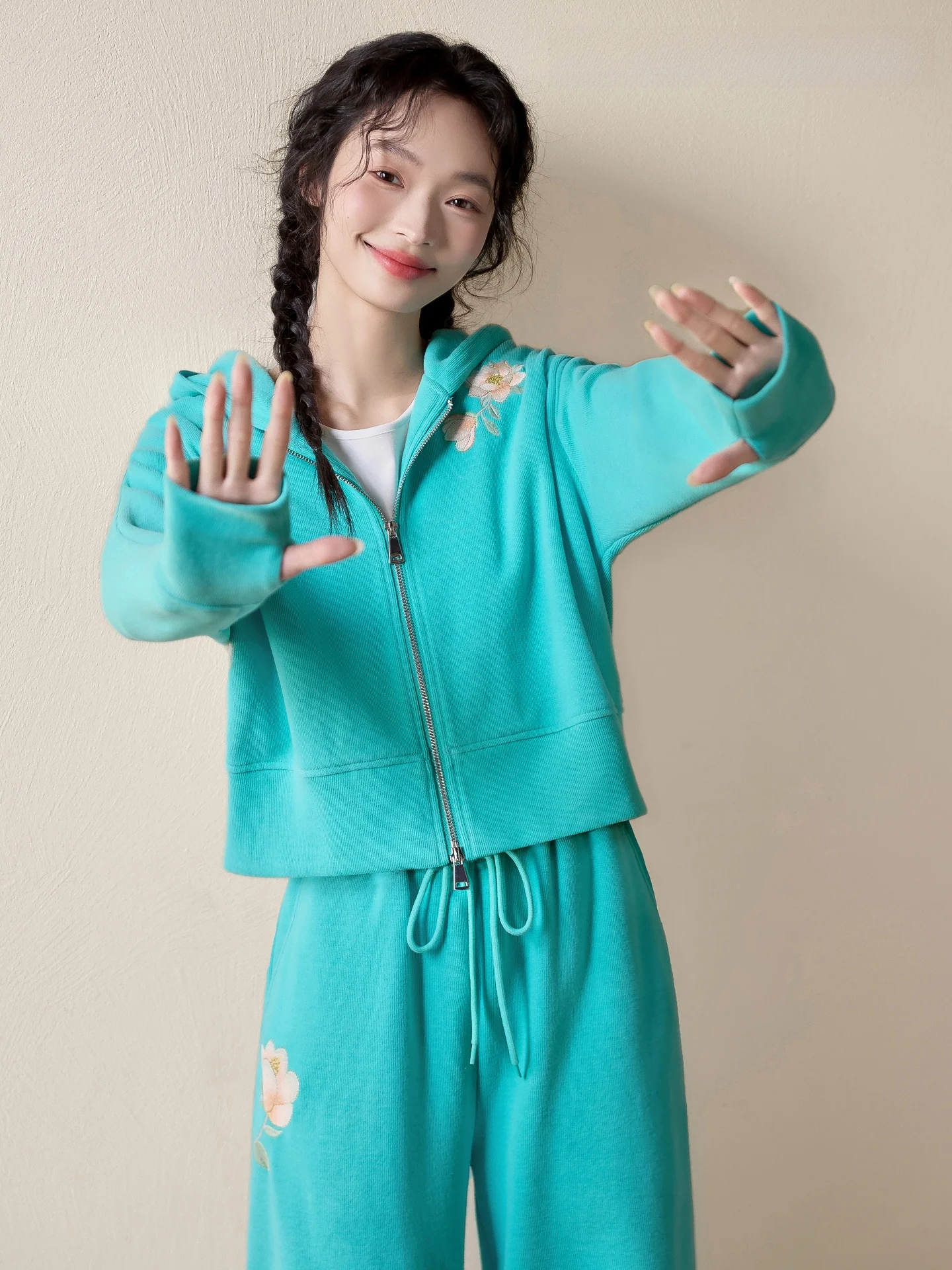 

Floral Embroidered Loose Knitted Hoodie Set Casual Pants Spring Faion Women's Two-Piece Suit Long Sve Plant Floral Pattern