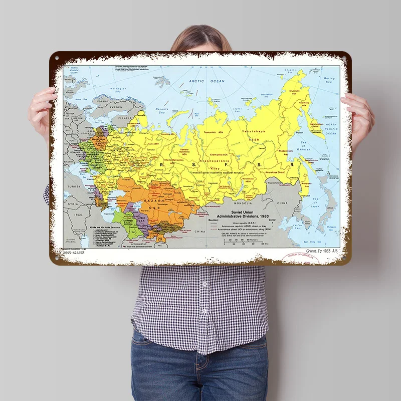Soviet Union Map (1983) Printed Poster Customized Wall Art Retro Vintage Metal Tin Signs for Decor Room Decoration Gaming House