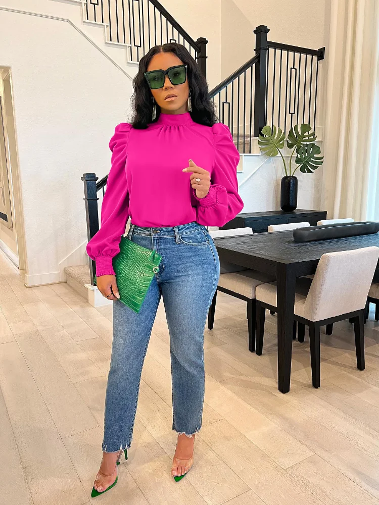 Women's Bow Back Stand Collar Puffy Long-sleeved Shirt Solid Color Top Autumn/Winter 2023 New Shirt Office Ladies Work Shirt