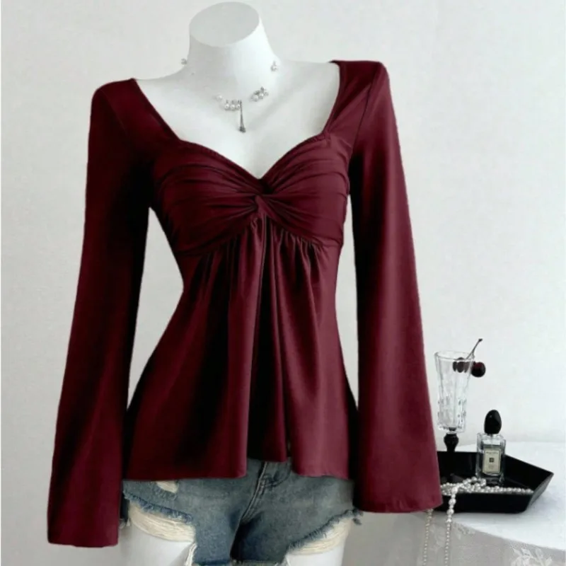 

Женские топы с v-образным вырезом, весенне-осенняя модная темпераментная футболка с витой грудью, повседневная базовая женская пуловер с длинными рукавами