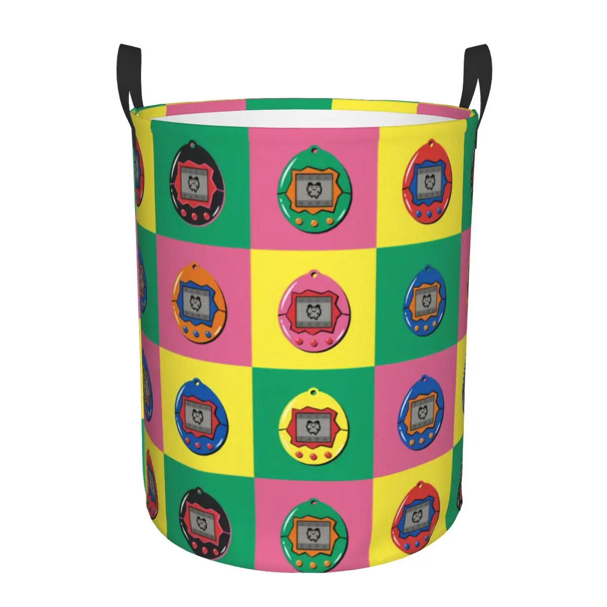 

Cartoon Tamagotchi Feed Me Checkered Plaid Laundry Basket Foldable Game Anime Clothes Hamper Storage Bin for Living Room