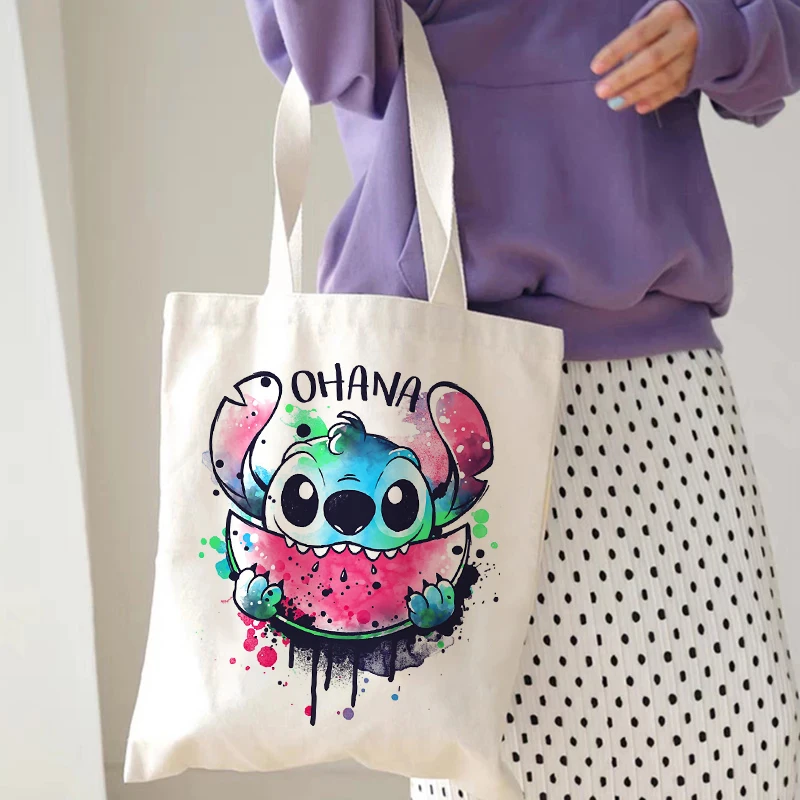 Streetwear Disney Stitch Tote Bag Shopper Borsa a tracolla in tela Eco Lilo e Stitch Shopping Bag Donna Tote Harajuku Donna