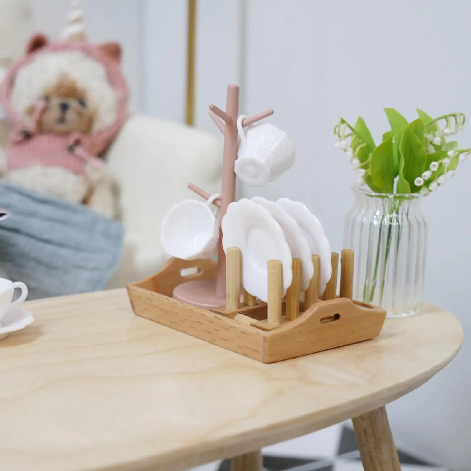 ที่วางแก้วจิ๋วสำหรับบ้านตุ๊กตา ทำจากไม้ ของตกแต่งโต๊ะ รุ่นสำหรับบ้านตุ๊กตาขนาด 1/12 เฟอร์นิเจอร์ครัว