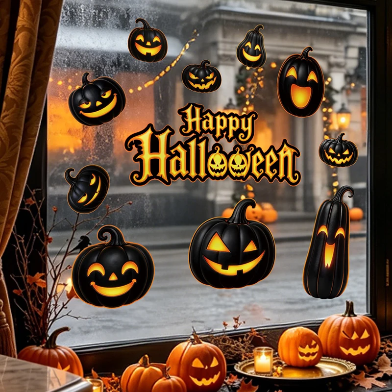 Halloween Pumpkin Window Stickers Cartoon Candy Jack O Lantern Static Cling Black Cat Ghost Home Party Decor For Glass Door