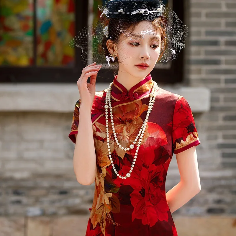 

Improved High-End Quality Real Silk Cheongsam Qipao Women's Retro Dress Long Chinese Chi-Pao