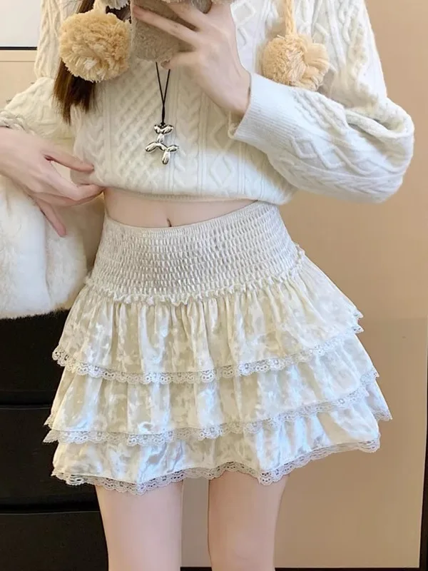 

High Waist A-Line ort Skirt with Lace Trim Cute Princ Sle Sweet Girl's Polyester Fiber Elastic Waist Cake Skirt