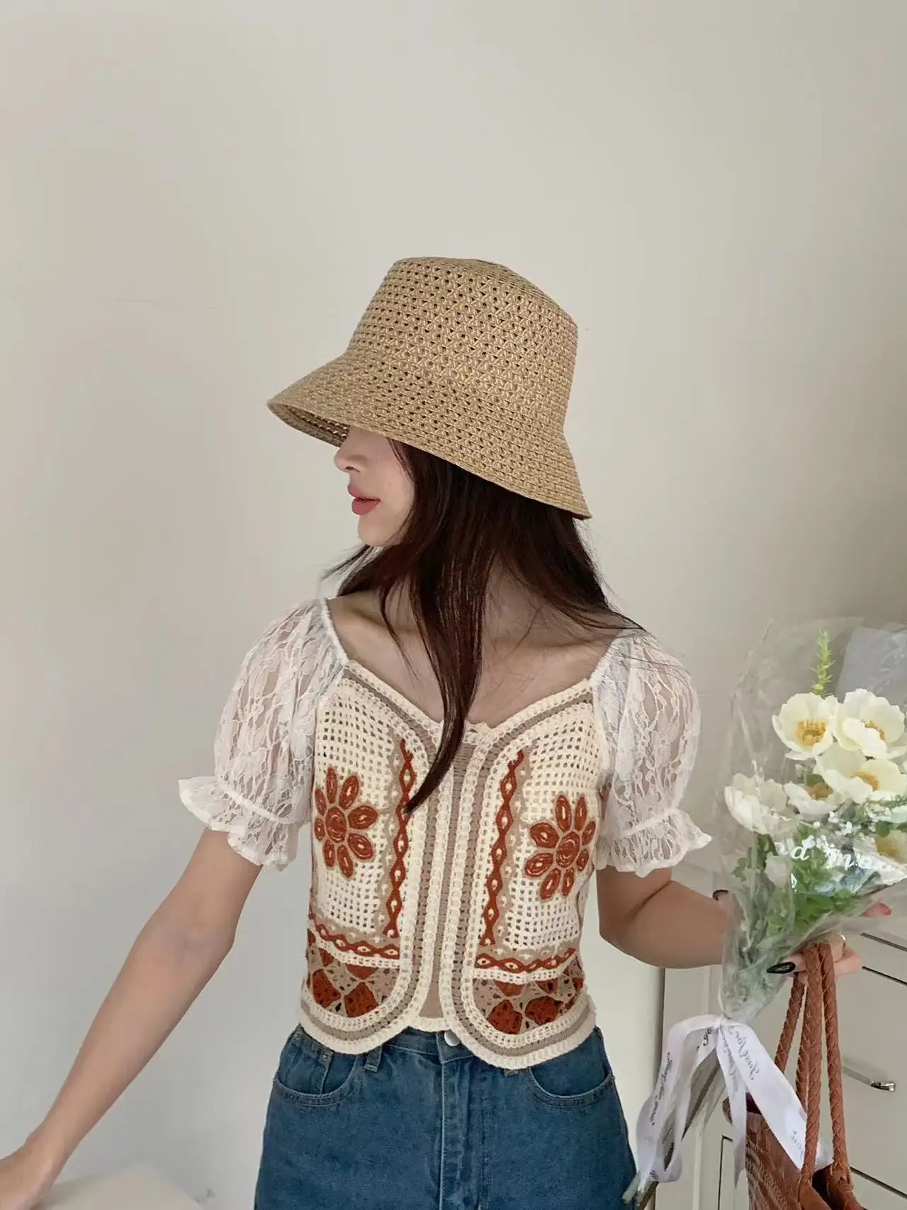 Embroidery Floral Lace Blouse Puff Sleeve Sweetheart Neck Smocked Back Crop Crochet Top Summer Women Teen-girl Fairycore Outfit