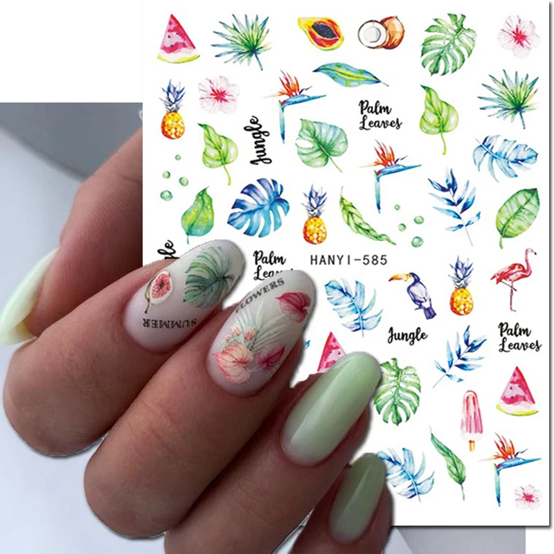 3d Nail Art Stickers Tropical Palms Coconuts Pawpaw Frangipani Flowers Adhesive Sliders Nails Decals Decorations For Manicures