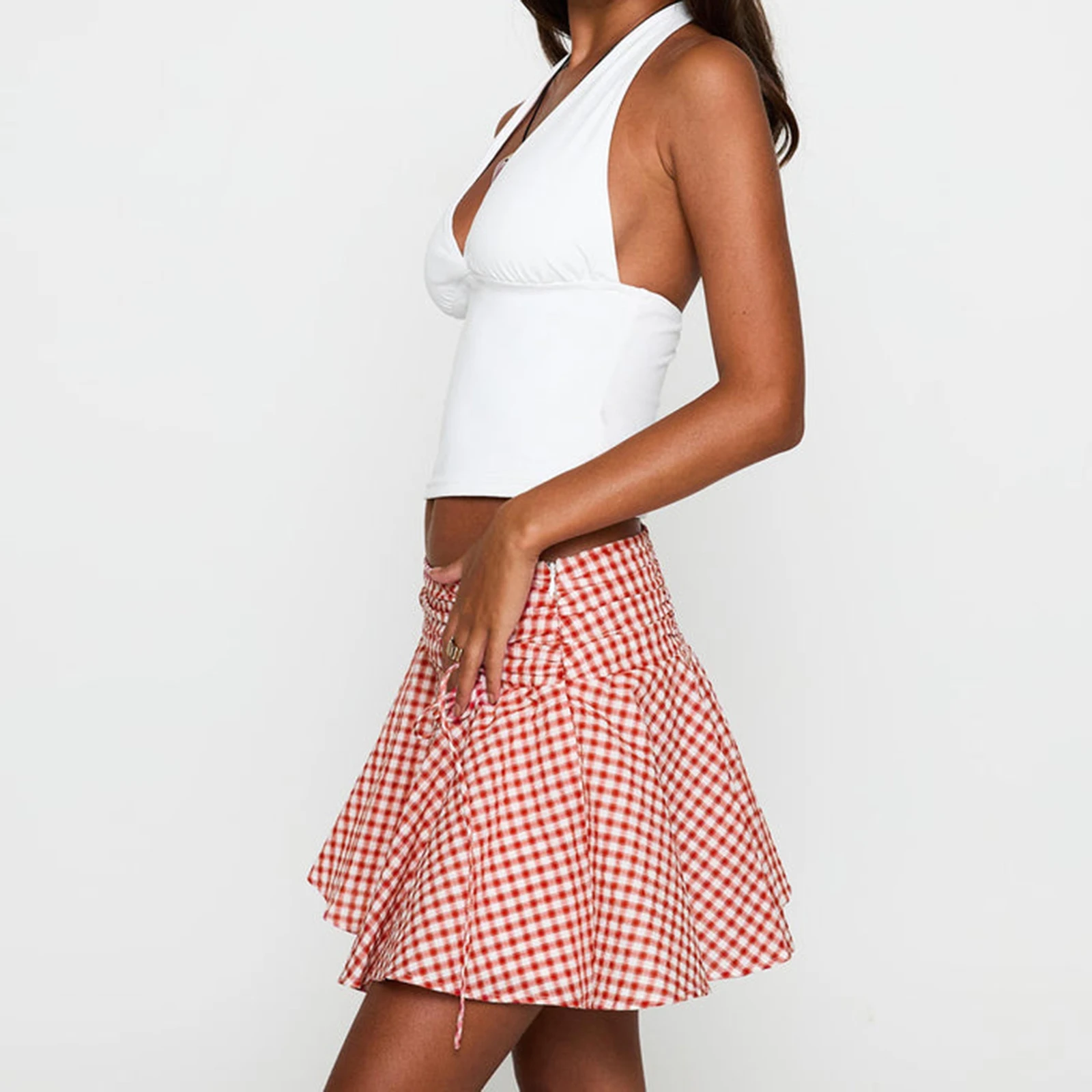

Combhasaki Women Drawstring Ruched Bow Tied Side Zipper Low Waist Ruffle Swing Short Mini A-line Skirt Casual Summer Streetwear
