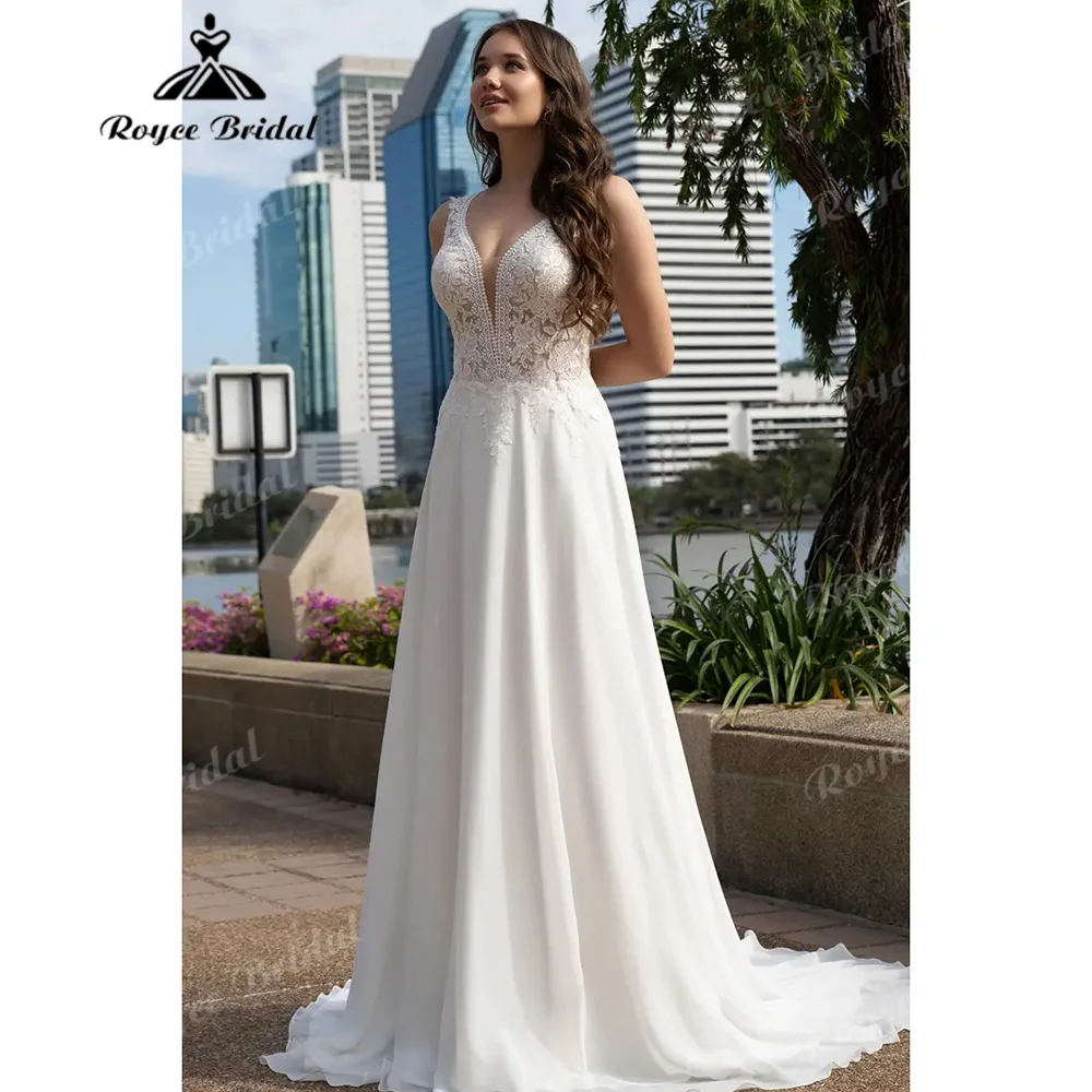 Deep V Floral Lace Bodice Chiffon Wedding Dress Keyhole Open Back Button Train Flowy Skirt Classic A Line Bridal Gown Customized