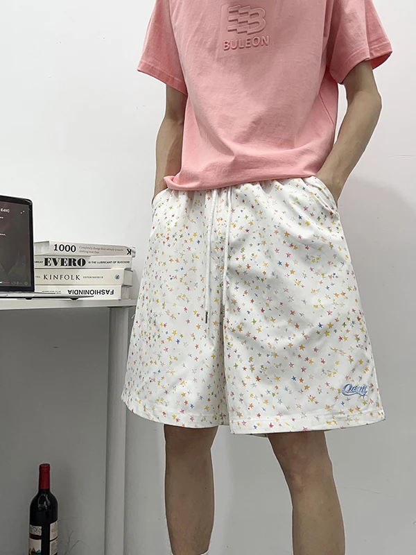 

American Sle Star Embroidery orts ex Summer Trendy Design Versatile Loose Couple Five-Quarter Pants Casual Straight Leg