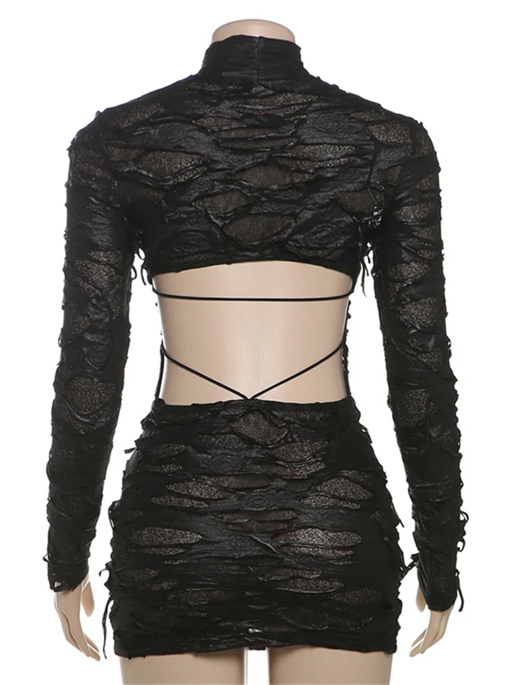 Simenual harajuku moda buracos ver através de manga longa mini vestido feminino vestido de festa quente sexy sem costas bodycon vestidos y2k magro