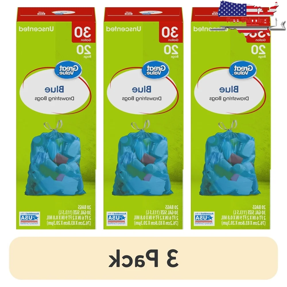 

Мешки для мусора на шнурке, 30 галлонов, без запаха, 3 упаковки, мешки для мусора большой емкости, удобные ручки для захвата, идеальная бытовая уборка для гаража