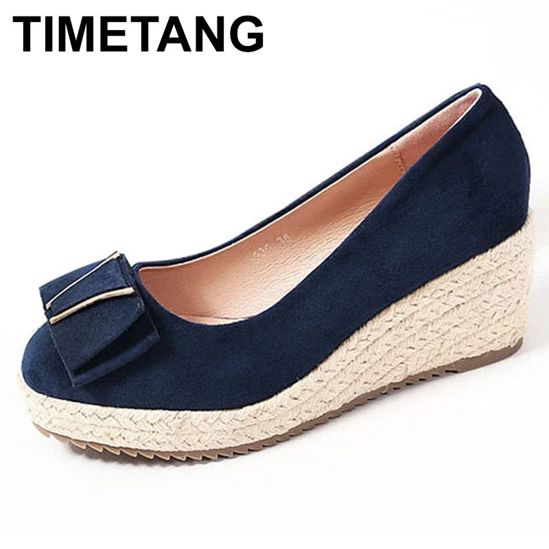 TIMETANG kate middleton Single Shoes High Heels wedge heel straw lame waterproof shallow mouth Women\'s Shoes With Butterfly Bow