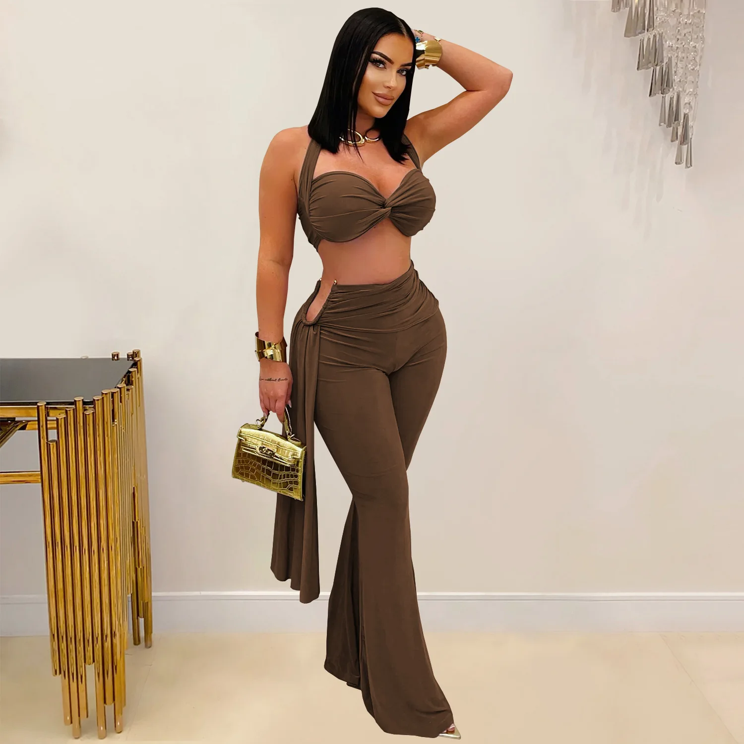 Top bikini sexy con scollo all'americana Set di pantaloni a 2 pezzi Completi Y2K Streetwear Pantaloni svasati da donna Tuta Elegante fasciatura Top Set di due pezzi